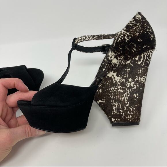 Rachel Zoe Suede and Ponyhair Animal Print Wedge Platform Shoes Size 8 Mob Wife - Picture 12 of 16